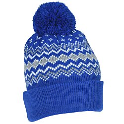 a blue and white knit hat