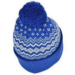 a blue and white knitted hat