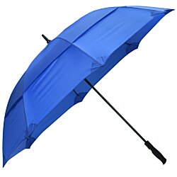 a blue umbrella with a black handle