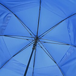 a blue umbrella with a black handle