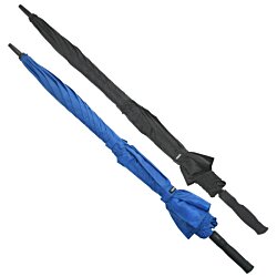 a blue umbrella with a black handle