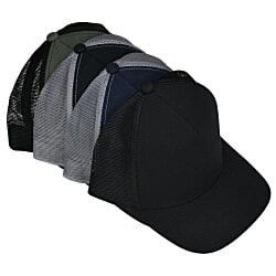 a black hat with a blue and grey design