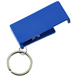 a blue key chain with a ring