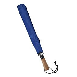 a blue umbrella with a wooden handle