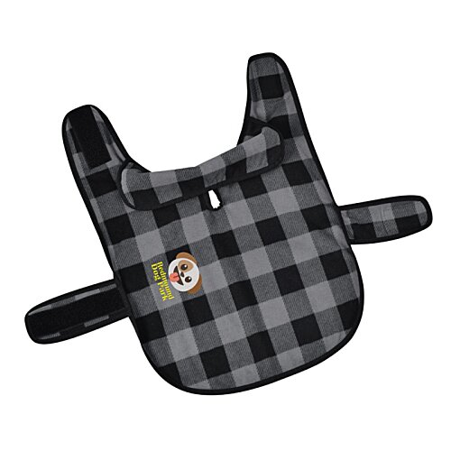 Additional Image 1 - a black and grey plaid bib with a blue circle on it