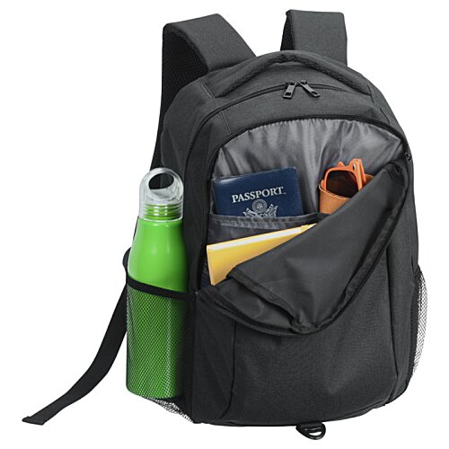 Additional Image 1 - a black backpack with a green bottle and books inside