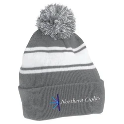 Pom Pom Cuff Beanie with Stripes