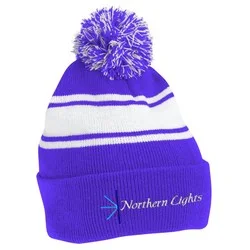 Pom Pom Cuff Beanie with Stripes