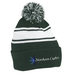 Pom Pom Cuff Beanie with Stripes
