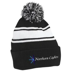 Pom Pom Cuff Beanie with Stripes