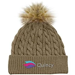 Cable Knit Beanie with Faux Fur Pom Pom