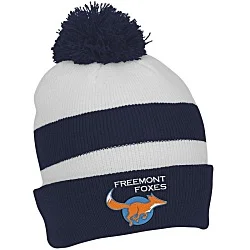 Two Tone Striped Pom Beanie with Cuff