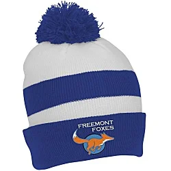 Two Tone Striped Pom Beanie with Cuff