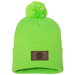 Pom Pom Knit Hat - Laser Engraved Patch