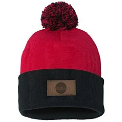 Pom Pom Knit Hat - Laser Engraved Patch
