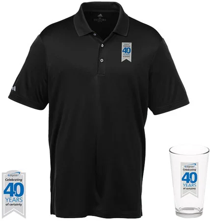 40 year anniversary logoed polo shirt and sticker