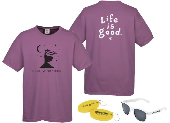 life is good items printed with a custom logo