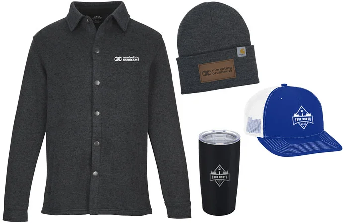 Heathered Fleece Snap Shacket  //  Carhartt Acrylic Watch Hat  //  Richardson® Trucker Snapback Cap  //  Yowie Vacuum Tumbler