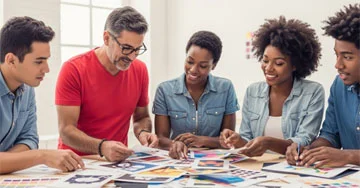 group of employees discussing images to print on graphic tees