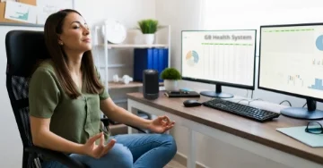 Person sitting at their desk meditating.
