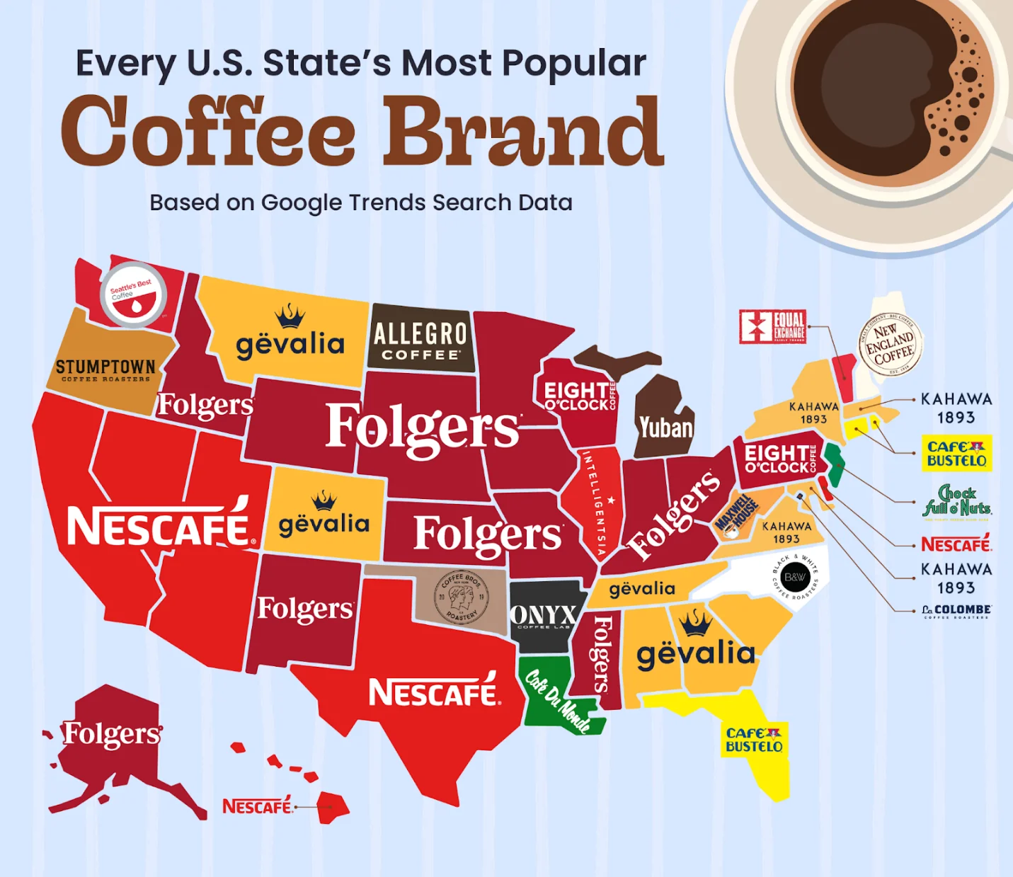 A map of the United States showing the most searched store-bought coffee brand in each state based on Google Trends search interest from February 2025 to February 2026.