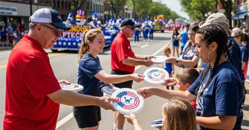 people handing out red white and blue printed products at a parade