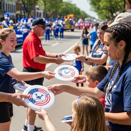 people handing out red white and blue printed products at a parade