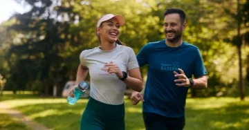 Two smiling joggers wearing branded T-shirts