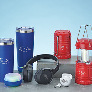 Promotional products that include a speaker, waterbottle, headphones and lantern