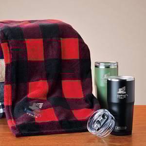 Business gift products that include blankets and travel mugs