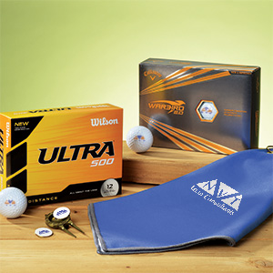 Golf promotional products that include tees, golf balls and towels