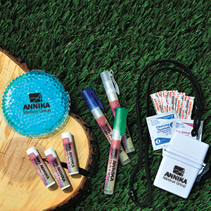 Promotional products that include a first aid kit, ice pack, chapstick and hand sanitizer