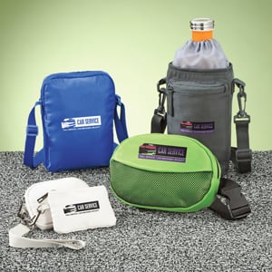 On the go packs that include a side bag, fanny pack, wallet and water bag