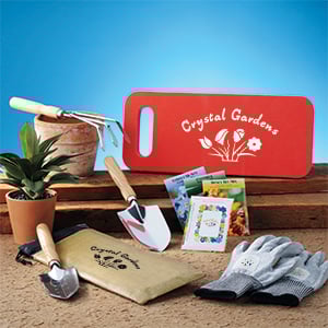 Garden tools that include seeds, spade and gloves
