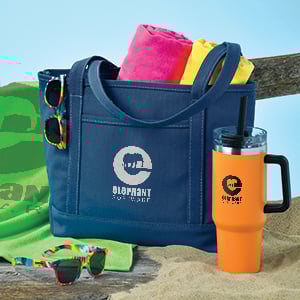Promotional products that include towels, sunglasses, tote and drink tumbler