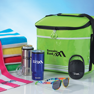 Business Gift items that include a towel, cooler, tumbler, wireless speaker and sunglasses