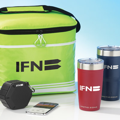Business gift items that include a tumbler and cooler