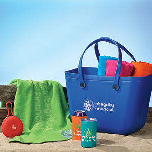 Promotional products that include wireless speakers, tote bag and beach towels