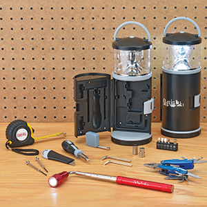 Promotional products that include tools, tape measures, tool kits and lanterns