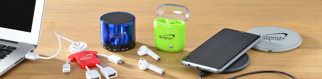 Promotional Computer and Technology Products that include a bluetooth speaker, headphones, usb charger and phone charger