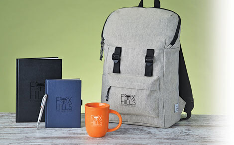 Promotional products that includes a backpack, notebook, pen and mug