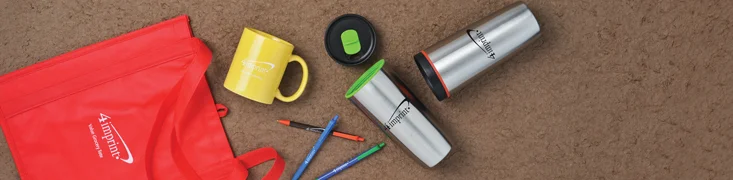 Promotional products that includes a tote, a mug, pens and tumblers