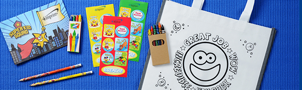 SuperKid products that include a pencil, sticker sheet, coloring book and tote bag