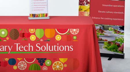 Trade show products that include table top displays and table throws