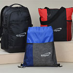 Promotional bags that include a backpack, drawstring bag and tote