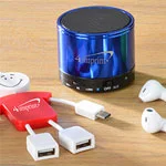 Technology promotional products that include wireless ear buds, wireless speaker and USB charger