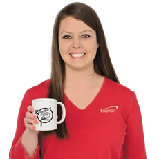 4imprint employee Jacki holding a Value White Coffee Mug