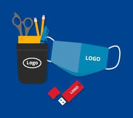 Clip art of face mask, usb drive and desk accessories with logos