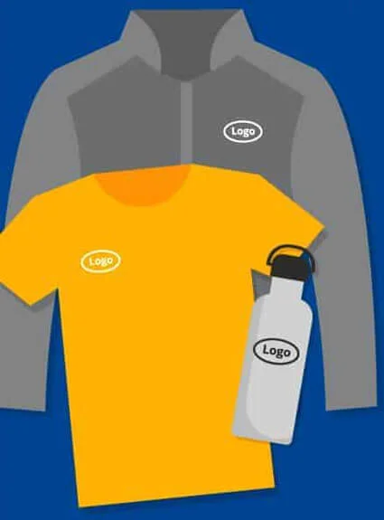 Clip art of shirt, outerwear and water bottle with logos