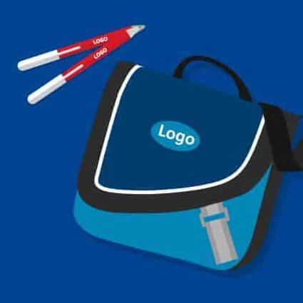 Clip art of pens and bag with logos